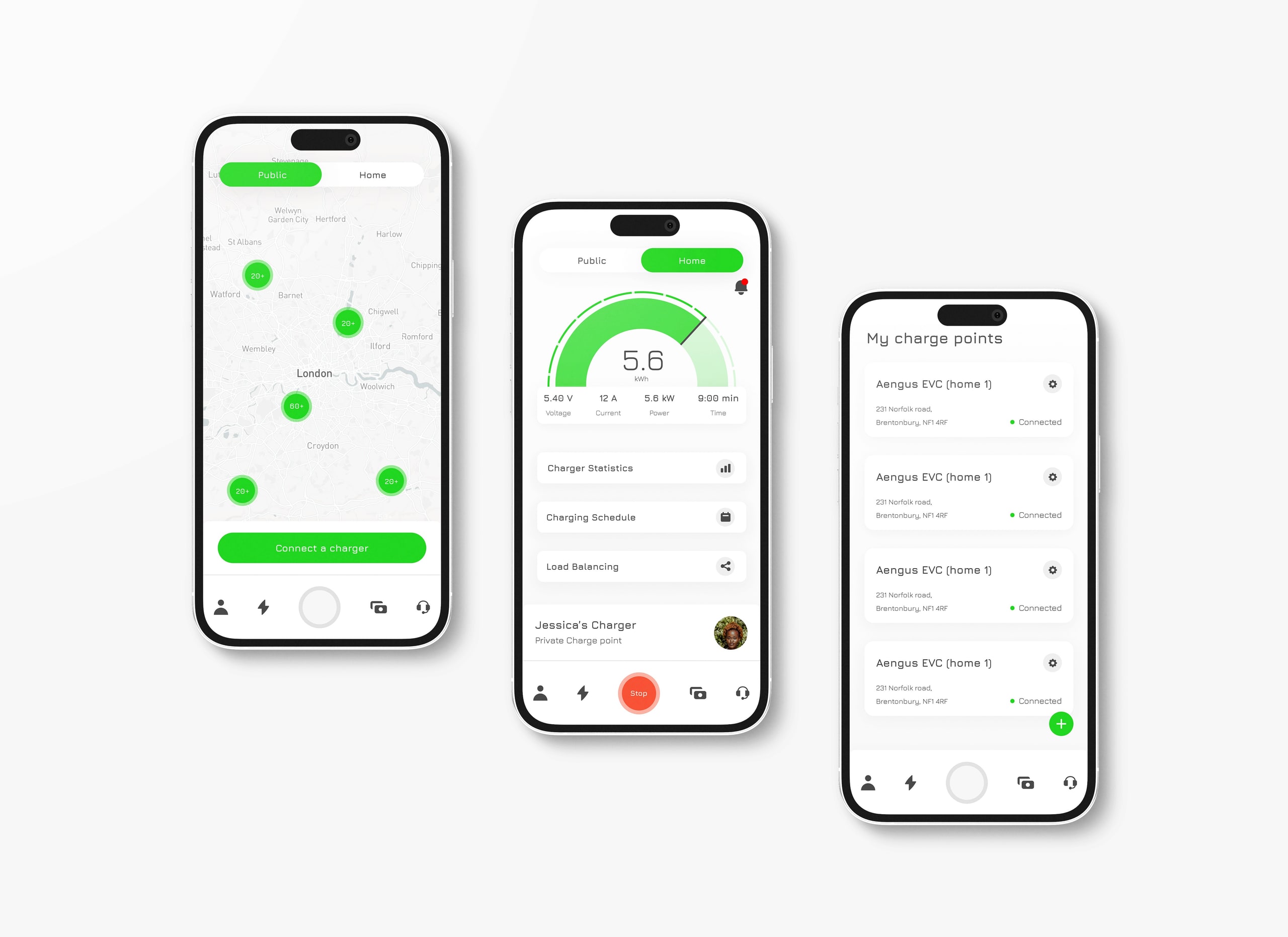 Mockup of 3 iPhones, all using different sections of the My Brim app.